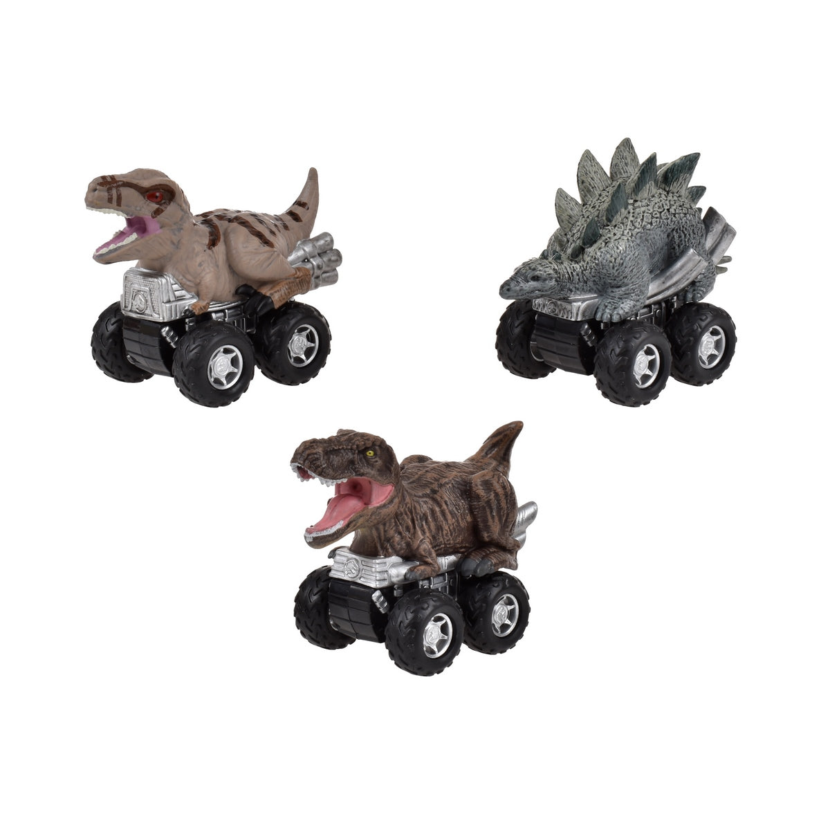 Pack 3 Dinosaurios Vehiculo Pullback Jurassic - Atrociraptor, T.rex Y Stegosaurus
